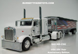 Item #69-2368 White Peterbilt 389 48-inch Flattop Sleeper with American Flag High Sided Black Tarp Silver Frame Tandem Axle Wilson Pacesetter 43-foot Hopper Bottom Grain Trailer - USA 250 Year Anniversary Edition - 1/64 Scale – DCP by First Gear