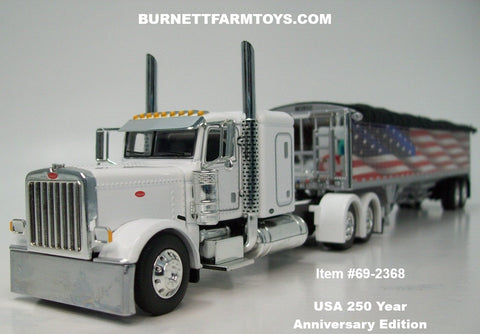 Item #69-2368 White Peterbilt 389 48-inch Flattop Sleeper with American Flag High Sided Black Tarp Silver Frame Tandem Axle Wilson Pacesetter 43-foot Hopper Bottom Grain Trailer - USA 250 Year Anniversary Edition - 1/64 Scale – DCP by First Gear