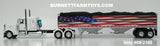 Item #69-2368 White Peterbilt 389 48-inch Flattop Sleeper with American Flag High Sided Black Tarp Silver Frame Tandem Axle Wilson Pacesetter 43-foot Hopper Bottom Grain Trailer - USA 250 Year Anniversary Edition - 1/64 Scale – DCP by First Gear