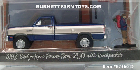 Item #97150-D Blue Silver 1993 Dodge RAM Power Ram 250 Pickup Truck with Backpacker - 1/64 Scale - Greenlight - The Hobby Shop Series 15
