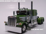Item #CAB 0667 Olive Green Metallic White Black Outline Peterbilt 63-inch Flattop Sleeper - 1/64 Scale – DCP by First Gear