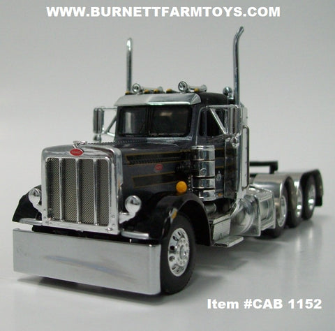 Item #CAB 1152 Gun Metal Gray Black Gold Outline Tri-Axle Peterbilt 359 Day Cab with Headache Rack - 1/64 Scale – DCP by First Gear