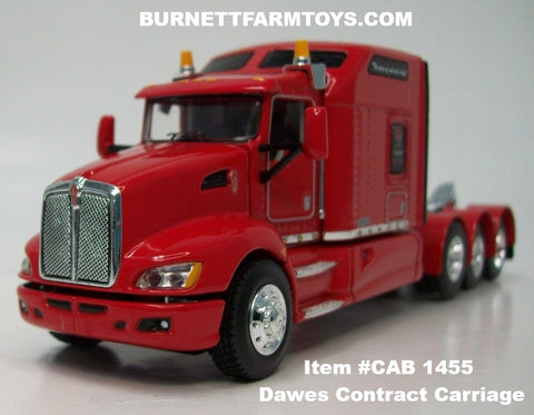 Item #CAB 1455 Dawes Contract Carriage Red Tri-Axle Kenworth T660 86-inch Sleeper - 1/64 Scale – DCP by First Gear