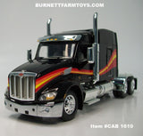 Item #CAB 1610 Black with Red Orange Yellow Stripe Peterbilt 579 72-inch Mid Roof Sleeper - 1/64 Scale – DCP by First Gear