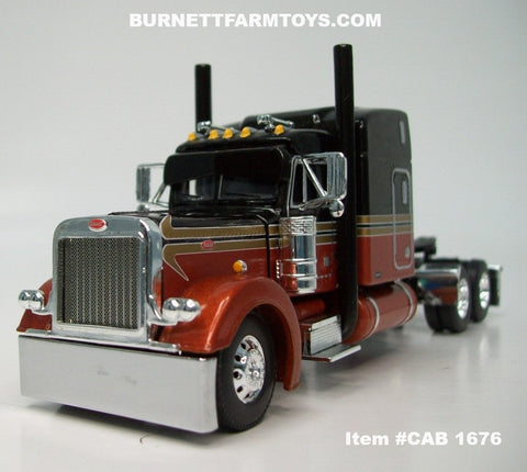 Item #CAB 1676 Black Burnt Orange Gold Stripe Silver Outline Peterbilt 379 63-inch Mid Roof Sleeper - 1/64 Scale - DCP by First Gear