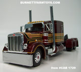 Item #CAB 1729 Burgundy Gold Stripe Black Outline Peterbilt 379 63-inch Flattop Sleeper - 1/64 Scale – DCP by First Gear