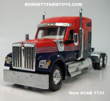 Item #CAB 1731 Viper Red Navy Blue White Outline Kenworth W990 76-inch Mid Roof Sleeper - 1/64 Scale – DCP by First Gear