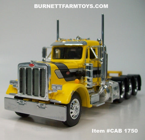 Item #CAB 1750 Yellow Silver Stripe Black Stripe Gun Metal Gray Stripe Tri-Axle Peterbilt 359 Day Cab with Headache Rack - 1/64 Scale – DCP by First Gear