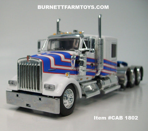 Item #CAB 1802 White Blue Red Outline Tri-Axle Kenworth W900L 60-inch Flattop Sleeper - 1/64 Scale – DCP by First Gear