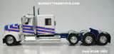 Item #CAB 1802 White Blue Red Outline Tri-Axle Kenworth W900L 60-inch Flattop Sleeper - 1/64 Scale – DCP by First Gear