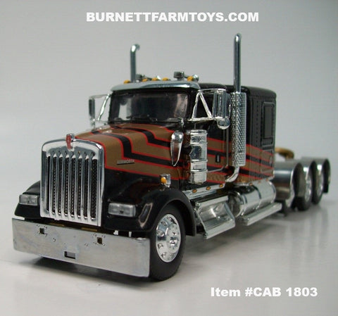 Item #CAB 1803 Black Gold Red Outline Tri-Axle Kenworth W900L 60-inch Flattop Sleeper - 1/64 Scale – DCP by First Gear