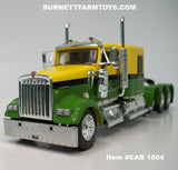 Item #CAB 1804 Yellow Green Black Stripe Tri-Axle Kenworth W900L 60-inch Flattop Sleeper - 1/64 Scale – DCP by First Gear