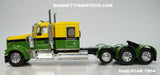 Item #CAB 1804 Yellow Green Black Stripe Tri-Axle Kenworth W900L 60-inch Flattop Sleeper - 1/64 Scale – DCP by First Gear