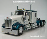 Item #CAB 1805 White Teal Metallic Tri-Axle Kenworth W900L 60-inch Flattop Sleeper - 1/64 Scale – DCP by First Gear