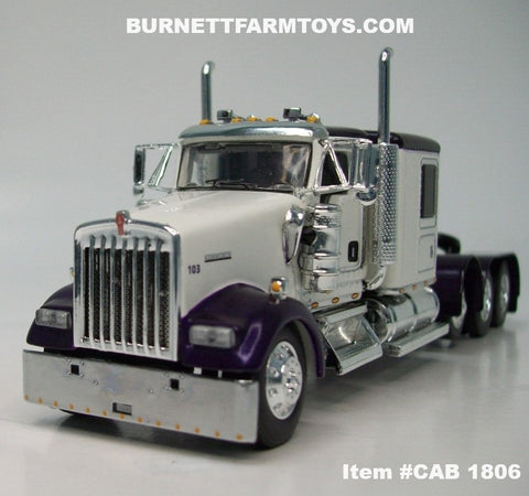 Item #CAB 1806 White Dark Purple Tri-Axle Kenworth W900L 60-inch Flattop Sleeper - 1/64 Scale – DCP by First Gear