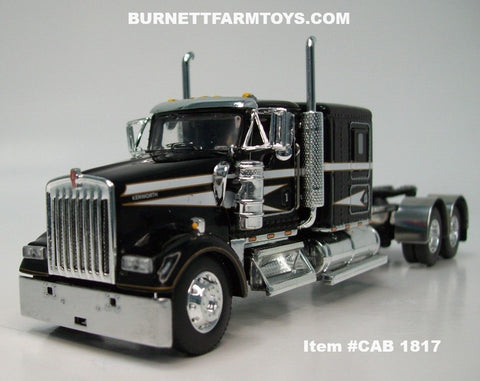 Item #CAB 1817 Black White Stripe Gold Outline Kenworth W900L 60-inch Flattop Sleeper - 1/64 Scale – DCP by First Gear