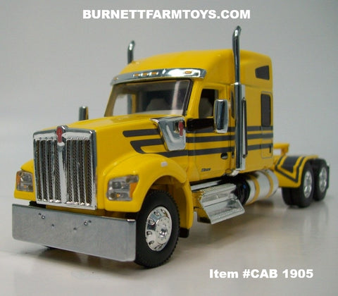 Item #CAB 1905 Yellow Gun Metal Gray Stripe Kenworth W990 76-inch Mid Roof Sleeper - 1/64 Scale – DCP by First Gear