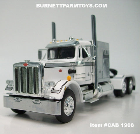 Item #CAB 1908 White Silver Stripe Peterbilt 359 with 60-inch Vintage Sleeper - 1/64 Scale – DCP by First Gear