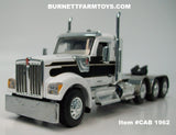 Item #CAB 1962 White Black Gold Outline Tri-Axle Kenworth W990 Day Cab with Enclosed Headache Rack - 1/64 Scale – DCP by First Gear