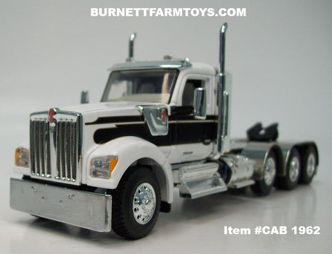Item #CAB 1962 White Black Gold Outline Tri-Axle Kenworth W990 Day Cab with Enclosed Headache Rack - 1/64 Scale – DCP by First Gear