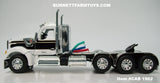 Item #CAB 1962 White Black Gold Outline Tri-Axle Kenworth W990 Day Cab with Enclosed Headache Rack - 1/64 Scale – DCP by First Gear