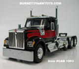 Item #CAB 1963 Black Red Gold Outline Tri-Axle Kenworth W990 Day Cab with Enclosed Headache Rack - 1/64 Scale – DCP by First Gear