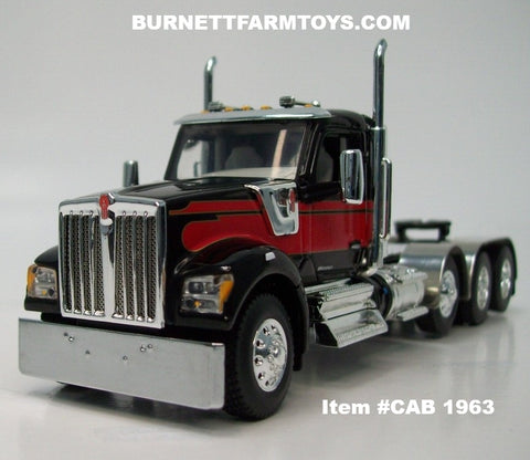Item #CAB 1963 Black Red Gold Outline Tri-Axle Kenworth W990 Day Cab with Enclosed Headache Rack - 1/64 Scale – DCP by First Gear