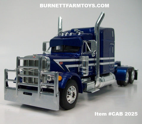 Item #CAB 2025 Blue Metallic White Black Outline Peterbilt 379 63-inch Mid Roof Sleeper - 1/64 Scale – DCP by First Gear