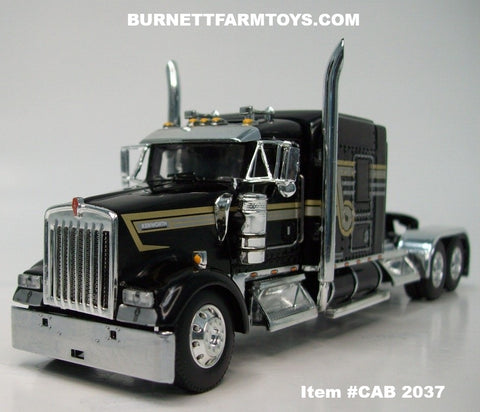 Item #CAB 2037 Black Silver Gold 100th Anniversary Stripe Kenworth W900L 72-inch AeroCab Sleeper - 1/64 Scale – DCP by First Gear