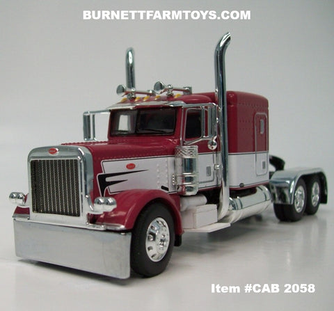 Item #CAB 2058 Burgundy White Black Outline Peterbilt 389 63-inch Flattop Sleeper - 1/64 Scale – DCP by First Gear