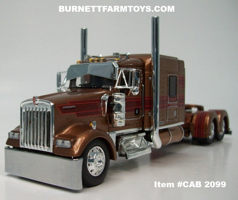 Item #CAB 2099 Brown Metallic Burgundy Stripe Red Outline Kenworth W900L 72-inch AeroCab Sleeper - 1/64 Scale – DCP by First Gear