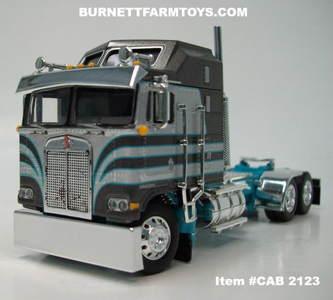 Item #CAB 2123 Dark Gray Silver Turquoise Kenworth K100 COE Aerodyne Sleeper - 1/64 Scale – DCP by First Gear