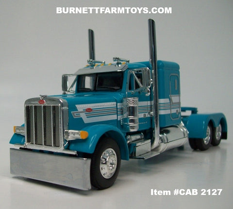 Item #CAB 2127 Turquoise White Stripe Silver Outline Peterbilt 379 48-inch Flattop Sleeper - 1/64 Scale – DCP by First Gear
