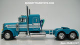 Item #CAB 2127 Turquoise White Stripe Silver Outline Peterbilt 379 48-inch Flattop Sleeper - 1/64 Scale – DCP by First Gear
