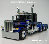 Item #CAB 2132 Black Blue Silver Outline Tri-Axle Peterbilt 389 36-inch Flattop Sleeper - 1/64 Scale – DCP by First Gear