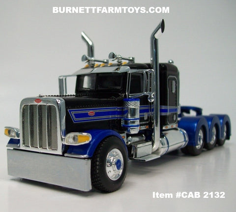 Item #CAB 2132 Black Blue Silver Outline Tri-Axle Peterbilt 389 36-inch Flattop Sleeper - 1/64 Scale – DCP by First Gear