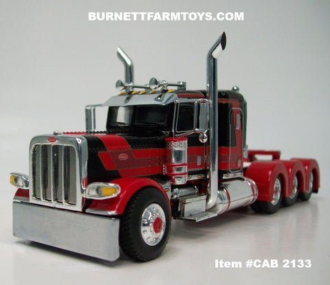 Item #CAB 2133 Black Red Burgundy Gold Outline Tri-Axle Peterbilt 389 36-inch Flattop Sleeper - 1/64 Scale – DCP by First Gear
