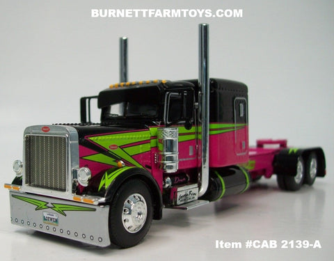 Item #CAB 2139-A Loewen Farms Pink Black Lime Peterbilt 389 63-inch Flattop Sleeper - 1/64 Scale – DCP by First Gear