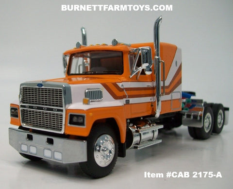 Item #CAB 2175-A Orange White Brown Ford LTL 9000 Flattop Sleeper - 1/64 Scale – DCP by First Gear