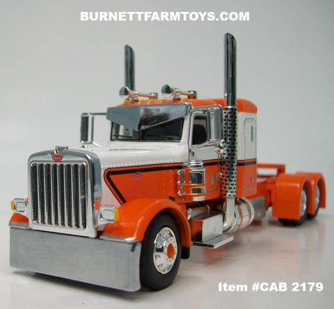 Item #CAB 2179 Orange White Black Outline Peterbilt 389 36-inch Flattop Sleeper - 1/64 Scale – DCP by First Gear