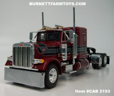 Item #CAB 2193 Burgundy Black Stripe Gray Stripe Silver Outline Peterbilt 379 48-inch Flattop Sleeper - 1/64 Scale – DCP by First Gear