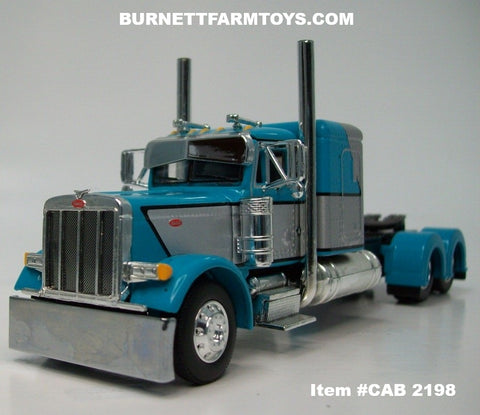 Item #CAB 2198 Turquoise Silver Black Outline Peterbilt 379 48-inch Flattop Sleeper - 1/64 Scale – DCP by First Gear