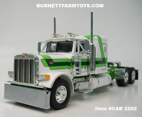 Item #CAB 2202 White Green Stripe Lime Gold Outline Peterbilt 379 48-inch Flattop Sleeper - 1/64 Scale – DCP by First Gear
