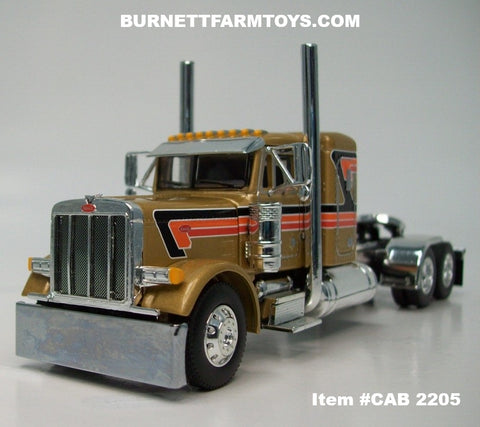 Item #CAB 2205 Gold Black Orange Red Stripe White Outline Peterbilt 379 36-inch Flattop Sleeper - 1/64 Scale – DCP by First Gear