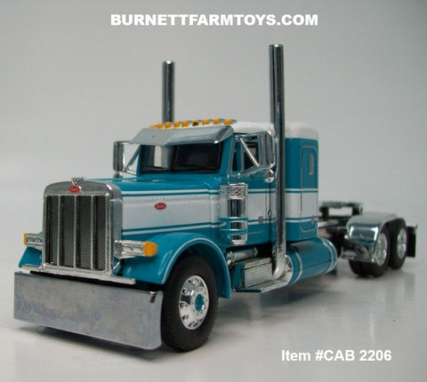 Item #CAB 2206 White Turquoise Peterbilt 379 36-inch Flattop Sleeper - 1/64 Scale – DCP by First Gear