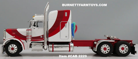 Item #CAB 2229 White Red Burgundy Swoop Stripe Peterbilt 379 63-inch Mid Roof Sleeper - 1/64 Scale – DCP by First Gear