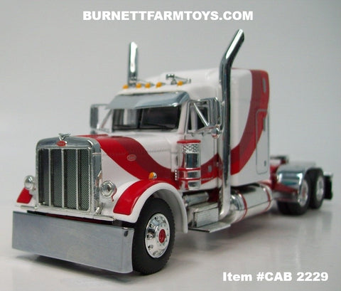 Item #CAB 2229 White Red Burgundy Swoop Stripe Peterbilt 379 63-inch Mid Roof Sleeper - 1/64 Scale – DCP by First Gear