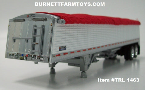 Item #TRL 1463 White Sided Red Tarp Silver Frame Tandem Axle Commander Hopper Bottom Grain Trailer with Chrome End Caps - 1/64 Scale – DCP by First Gear
