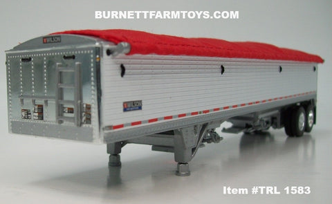 Item #TRL 1583 White Sided Red Tarp Silver Frame Tandem Axle Wilson Pacesetter 43-foot Hopper Bottom Grain Trailer - 1/64 Scale – DCP by First Gear