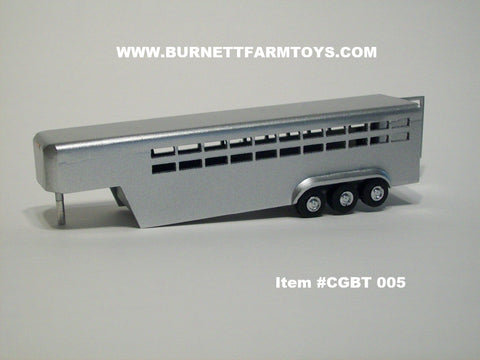 Item #CGBT 005 Silver Tri-Axle Stamped Aluminum Livestock Gooseneck Trailer with Side Swinging Rear Door - 1/64 Scale - Burnett Farm Toys, LLC Exclusive
